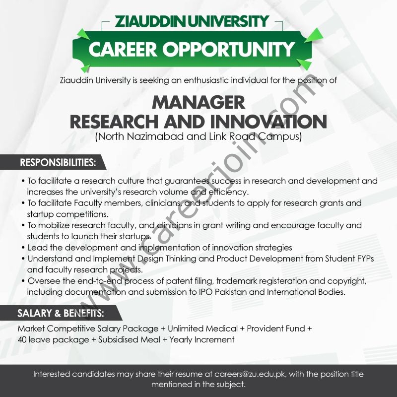 Ziauddin University Jobs Manager Research & Innovation 1