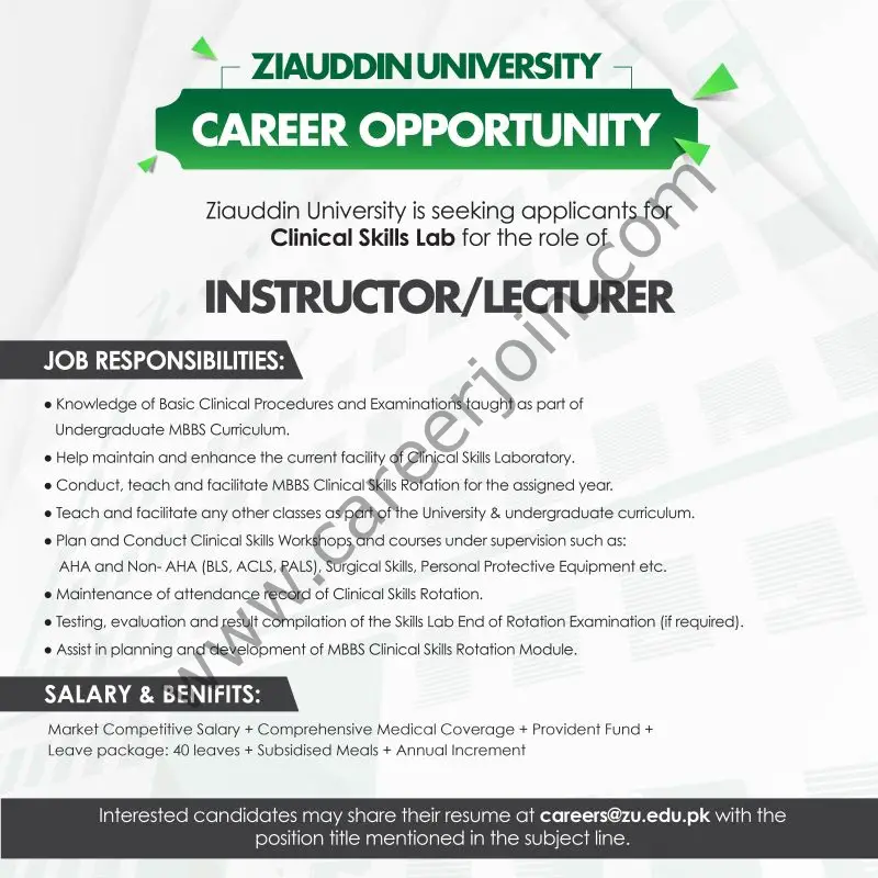 Ziauddin University Jobs Instructor / Lecturer 1
