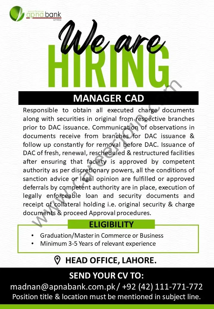 Apna Micro Finance Bank Jobs Manager CAD 1