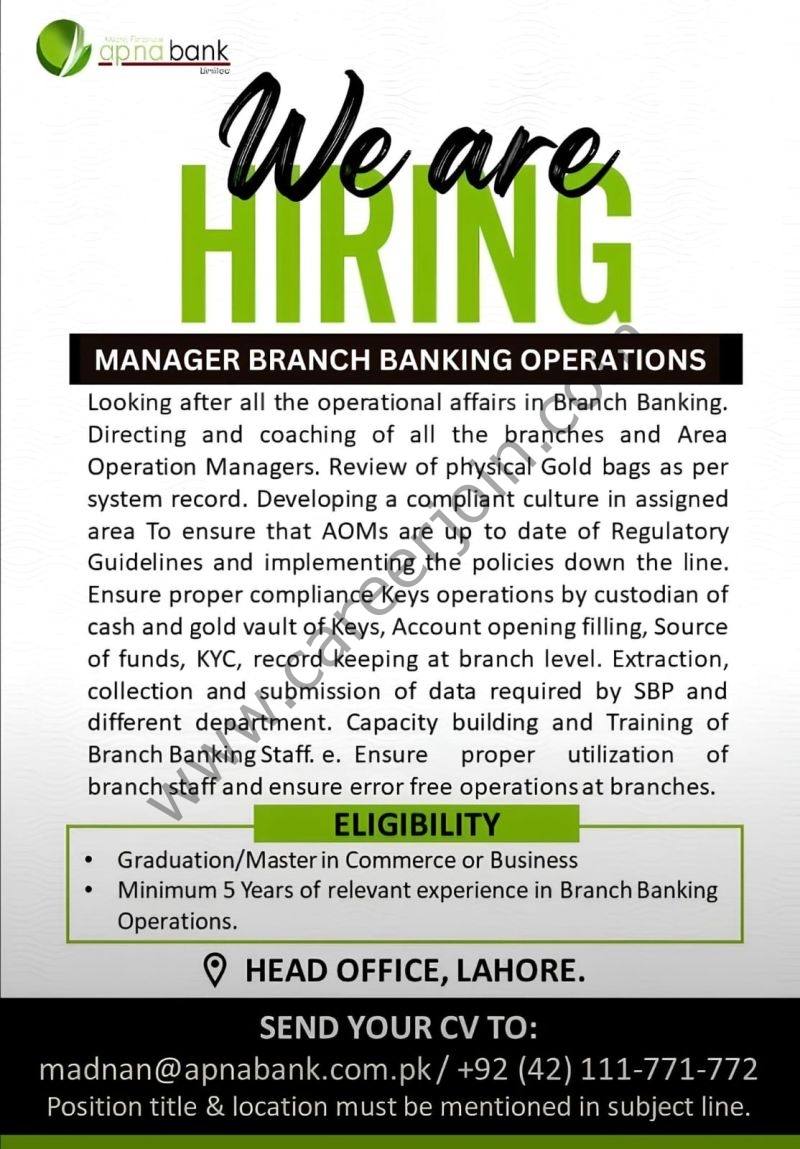 APNA Microfinance Bank Limited Jobs Manager Branch Banking Operations 1