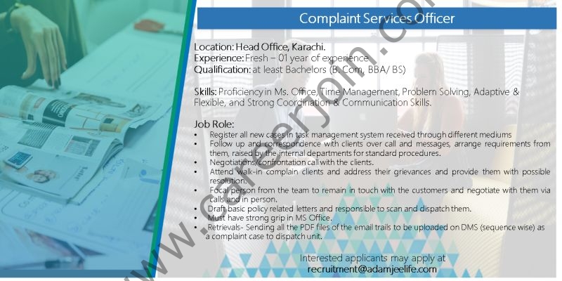 Adamjee Life Insurance Company Limited Jobs Complaint Services Officer 1