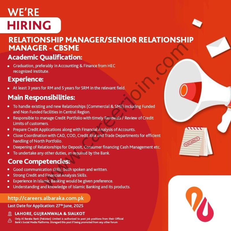 Al Baraka Bank (Pakistan) Limited Jobs Relationship Manager/Senior Relationship Manager CBSME 1