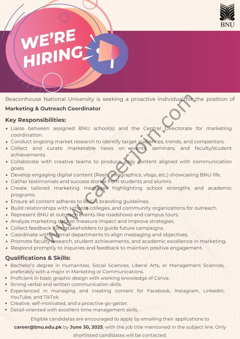Beaconhouse National University BNU Jobs Marketing & Outreach Coordinator 1