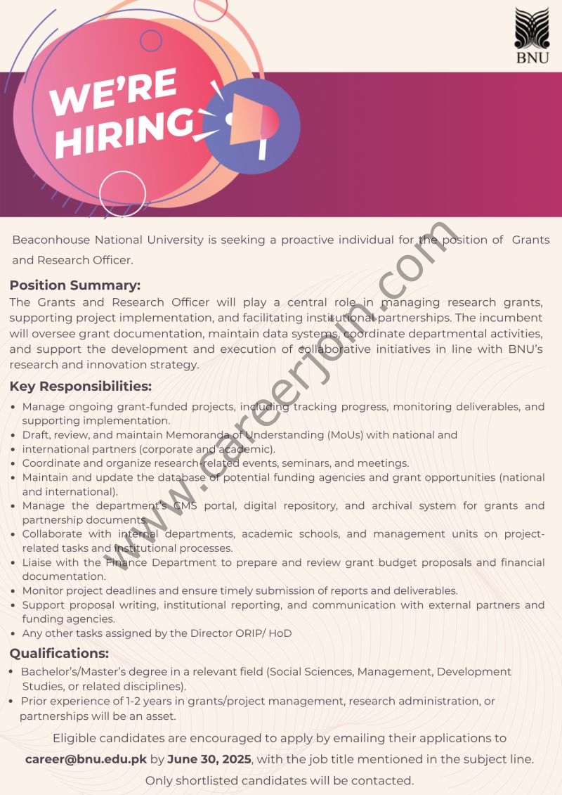 Beaconhouse National University BNU Jobs Grants and Research Officer 1