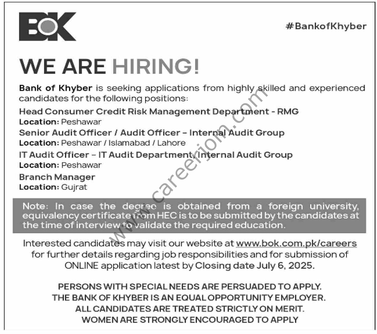 BOK Bank of Khyber Jobs 22 June 2025 Dawn 01 1