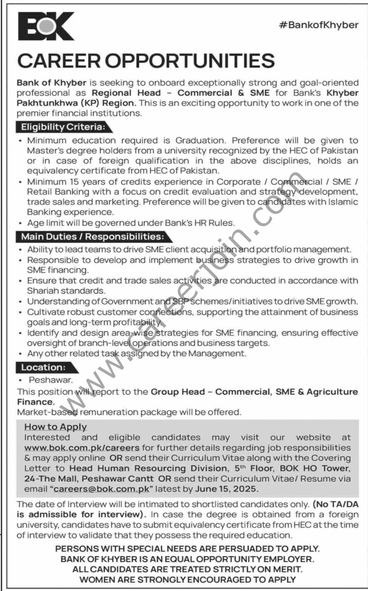 Bank of Khyber BOK Jobs 01 June 2025 Dawn 02 2