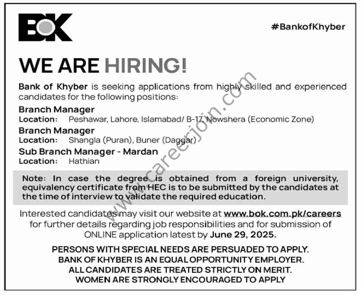 Bank of Khyber BOK Jobs 15 June 2025 Dawn 1