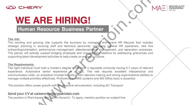 Chery Master Pakistan Jobs June 2025 2