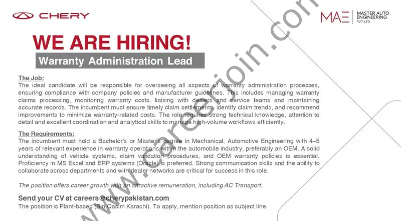 Chery Master Pakistan Jobs June 2025 3