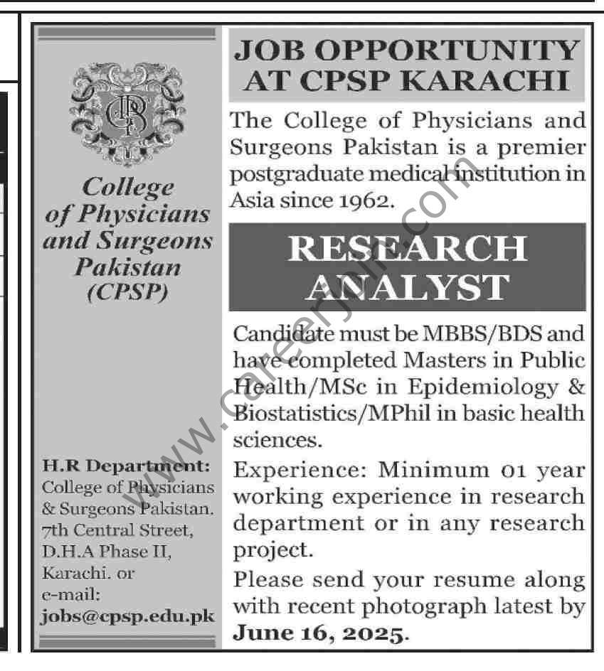 College of Physicians & Surgeons CPSP Jobs 01 June 2025 Dawn 1