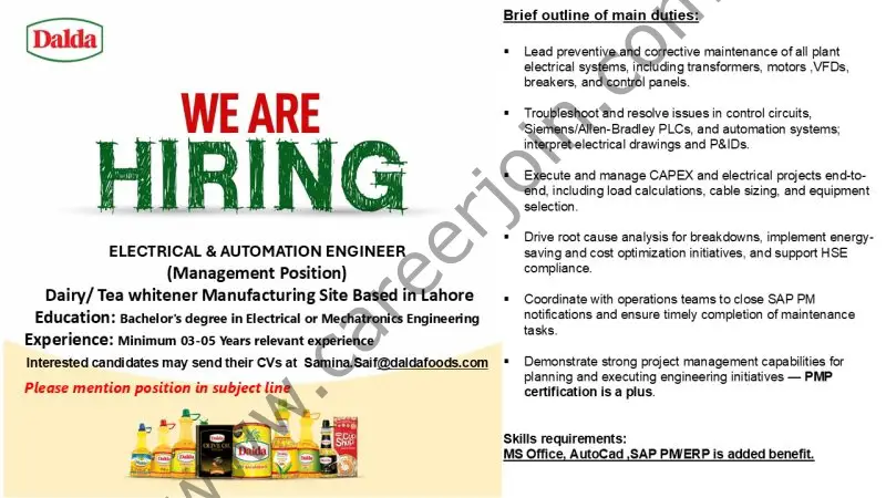Dalda Foods Limited Jobs Electrical & Automation Engineer 1
