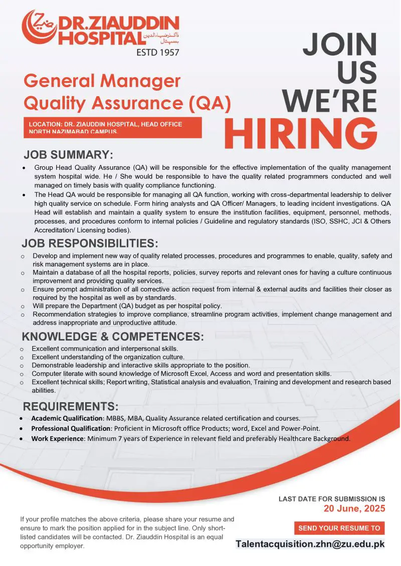 Dr Ziauddin University Jobs General Manager Quality Assurance (QA) 1