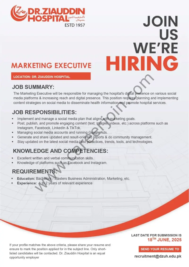 Dr Ziauddin Hospital Jobs Marketing Executive 1