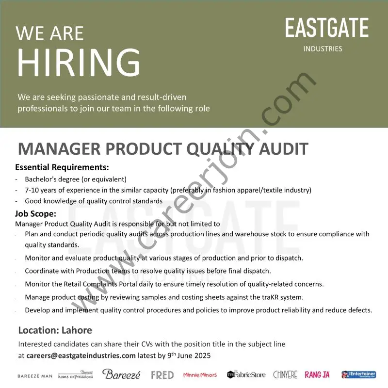 East Gate Industries Jobs Manager Product Quality Audit 1