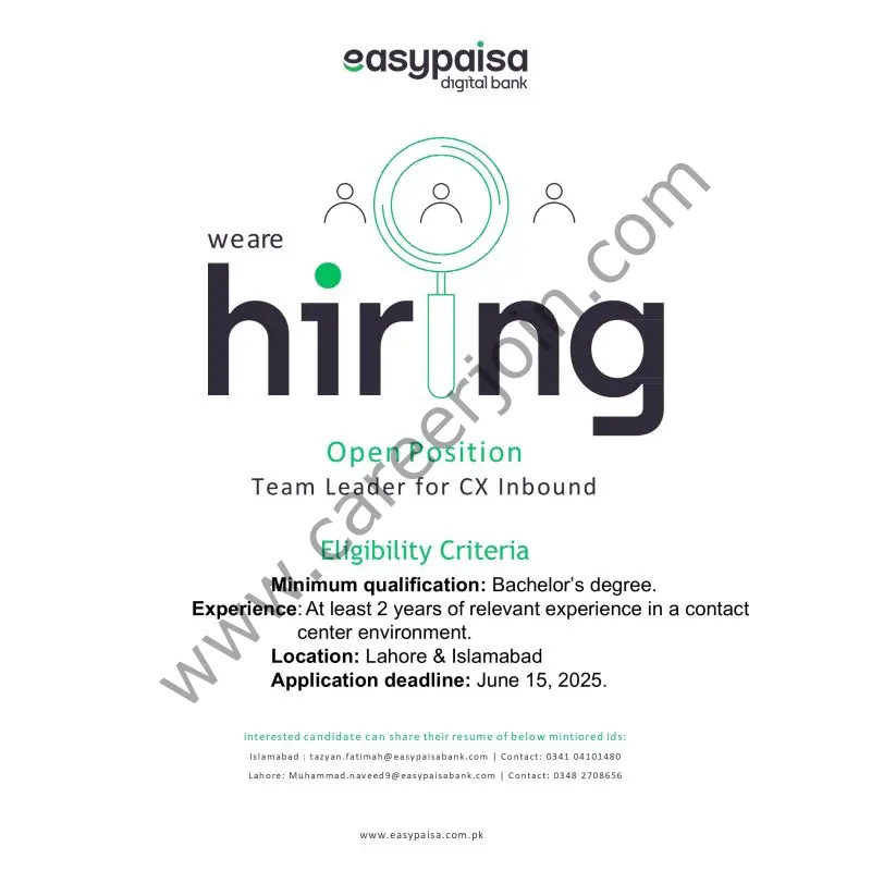 Easy Paisa Digital Bank Jobs Team Leader for CX Inbound 1