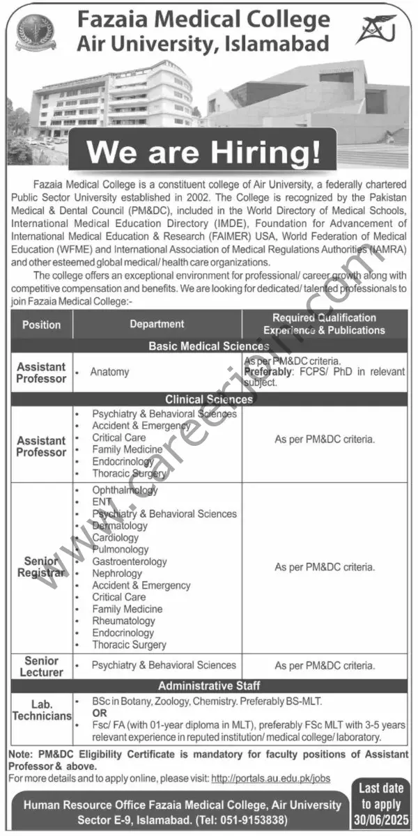 Fazaia Medical College Jobs 15 June 2025 Dawn 1