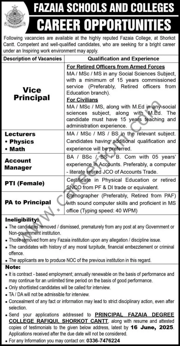 Fazaia Schools & Colleges Jobs 01 June 2025 Dawn 1