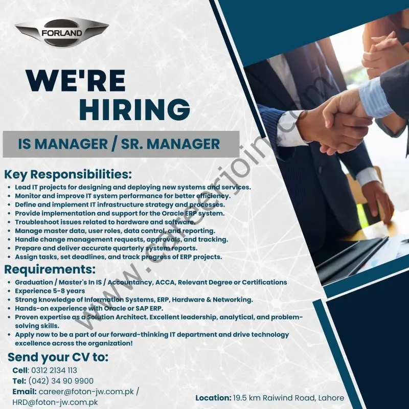 JW Forland Pvt Ltd Jobs IS Manager / Sr Manager (Oracle ERP) 1