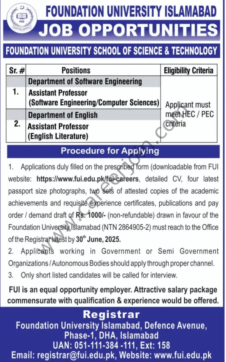 Foundation University Islamabad Jobs June 2025 1