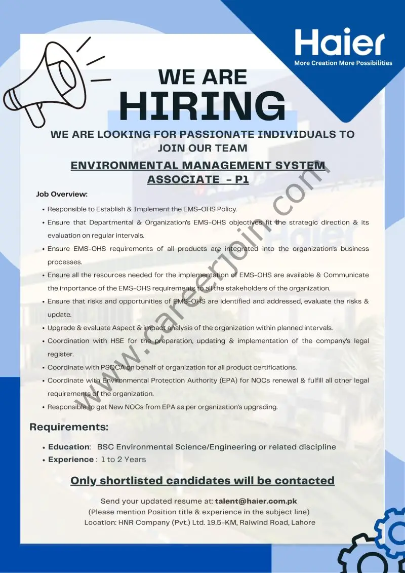 Haier Pakistan Jobs Environmental Management System Associate P1 1