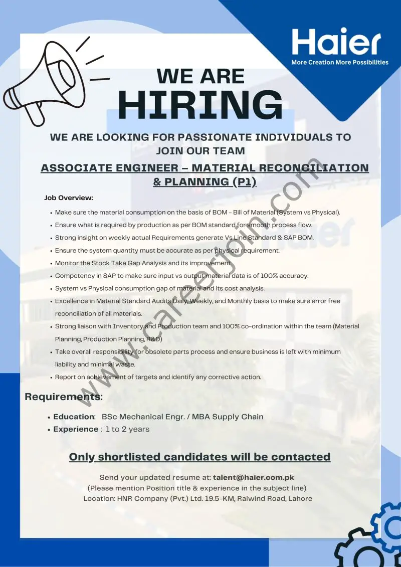 Haier Pakistan Jobs Associate Engineer Material Reconciliation & Planning 1