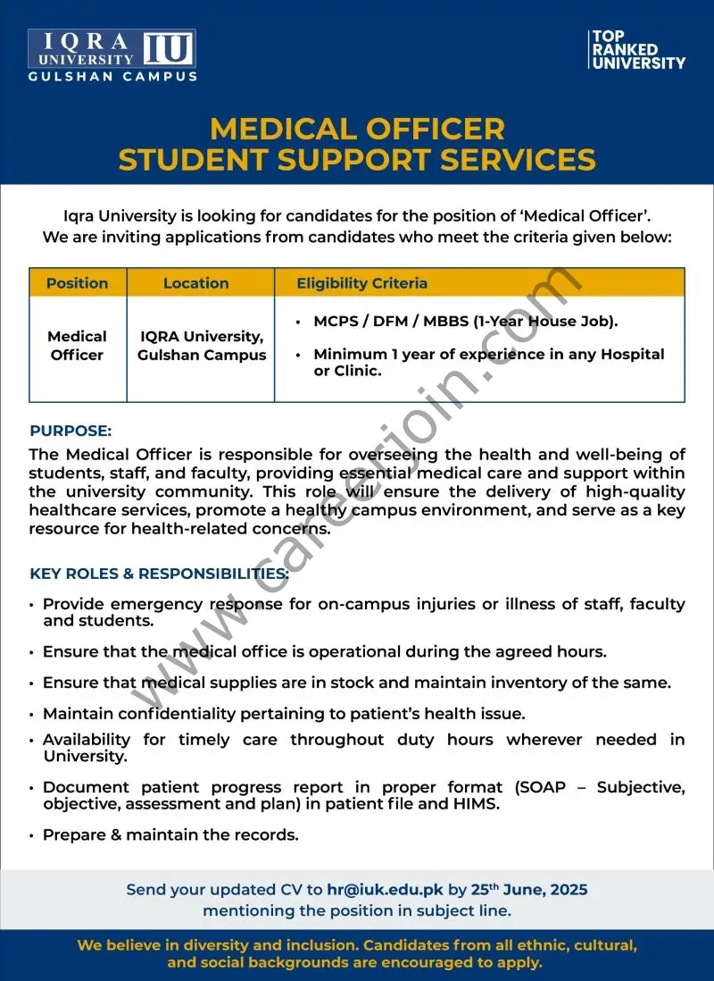Iqra University Jobs Medical Officer Student Support Services 1