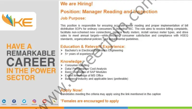 K-Electric Pvt Ltd Jobs Manager Reading & Inspection 1