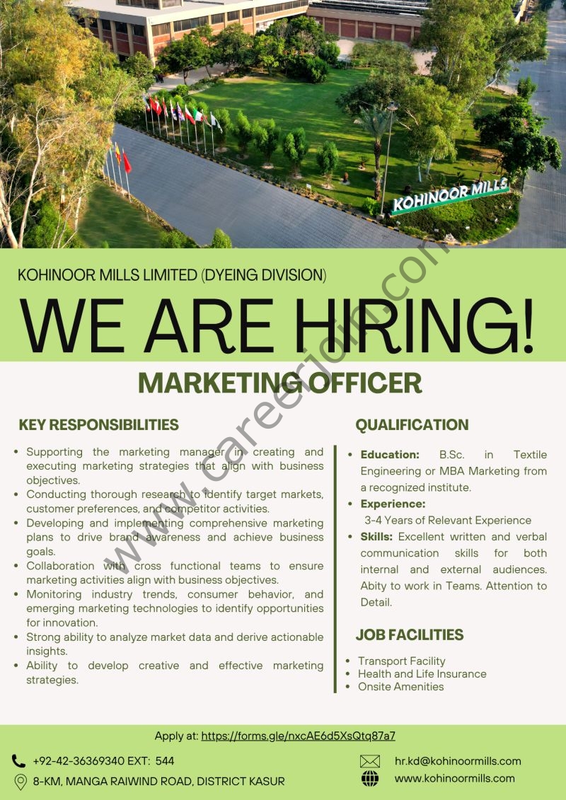 Kohinoor Mills Limited Jobs Marketing Officer 1