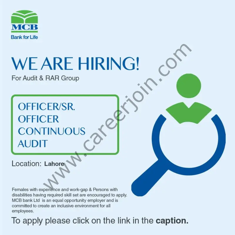 MCB Bank Limited Jobs Senior Officer / Officer Continuous Audit 1