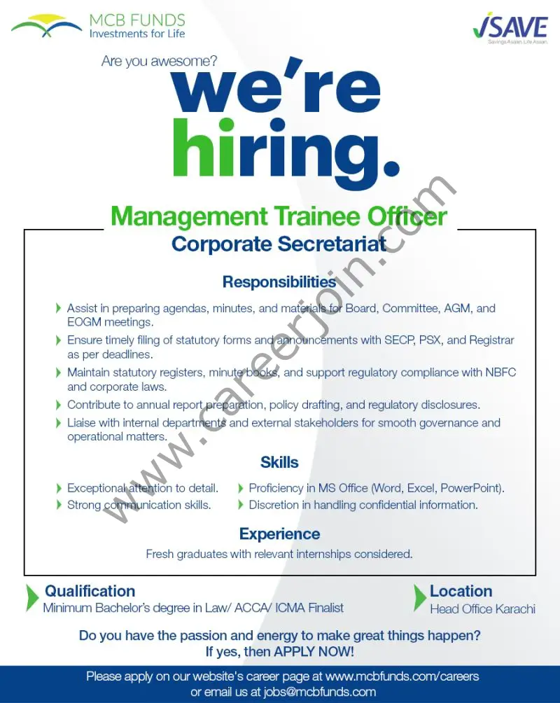 MCB Funds Jobs Management Trainee Officer Corporate Secretariat 1
