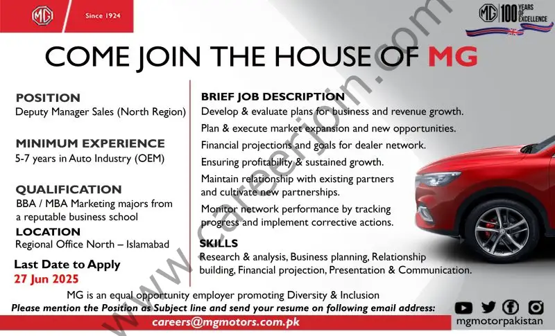 MG Motors Jobs Deputy Manager Sales 1