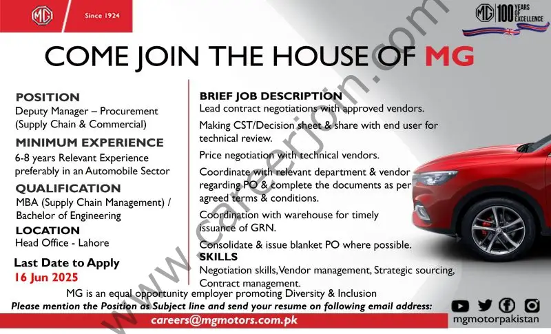 MG Motors Jobs Deputy Manager Procurement 1