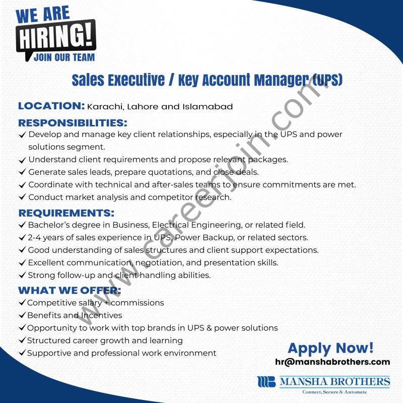 Mansha Brothers Jobs Sales Executive / Key Account Manager (UPS) 1