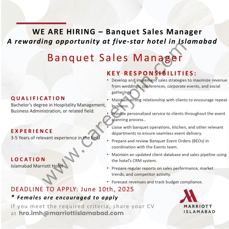 Islamabad Marriott Hotel Jobs Banquet Sales Manager 1