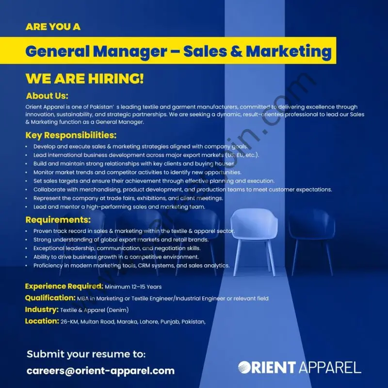 Orient Apparel Pvt Ltd Jobs GM Sales & Marketing 1