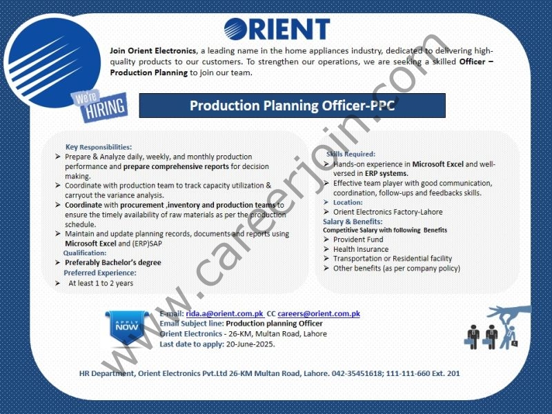 Orient Electronics Jobs Production Planning Officer 1