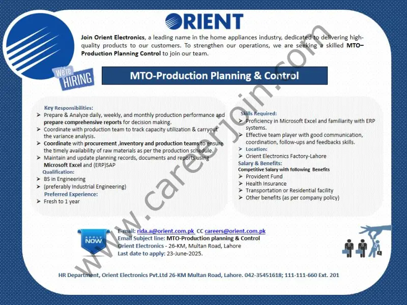 Orient Electronics Jobs MTO Production Planning & Control 1
