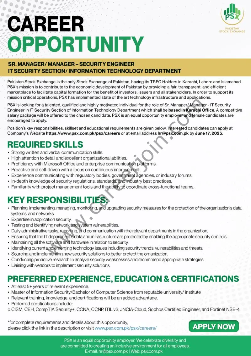 Pakistan Stock Exchange PSX Jobs Sr Manager / Manager / Security Engineer 1