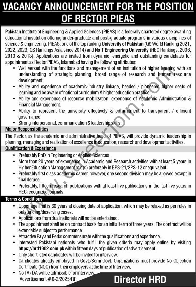 Pakistan Institute of Engineering & Applied Sciences PIEAS Jobs 15 June 2025 Express 1