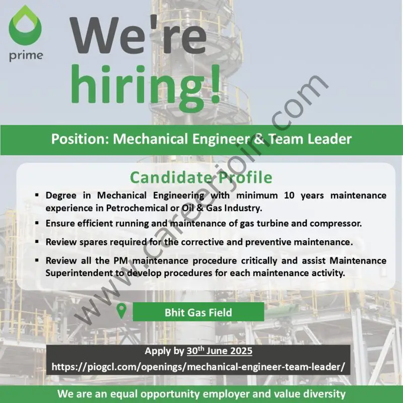 Prime Pakistan Limited Jobs Mechanical Engineer & Team Leader 1