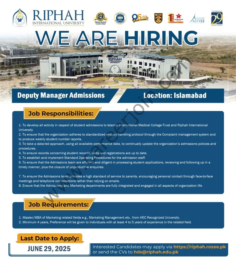 Riphah International University Jobs Deputy Manager Admissions 1