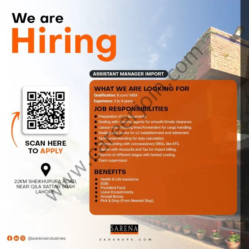 SARENA Textile Industries Jobs Asssistant Manager Import 1
