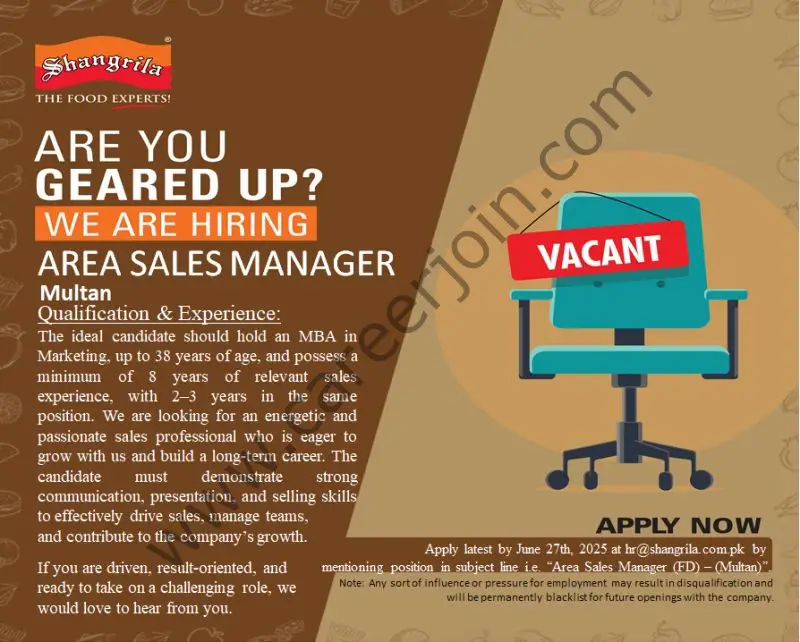 Shangrila Foods (Private) Limited Jobs Area Sales Manager 1