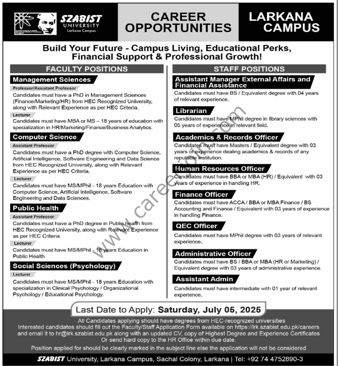 SZABIST University Jobs 22 June 2025 Dawn 1