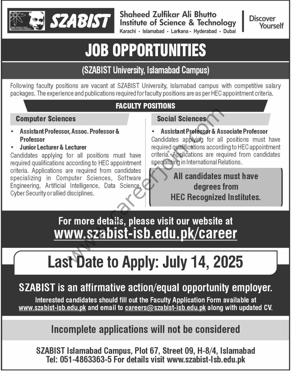 SZABIST University Jobs 29 June 2025 Express Tribune 1
