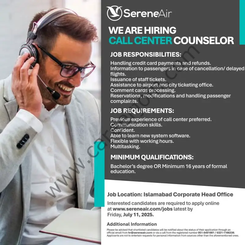 Serene Air Pakistan Jobs Call Center Counselor 1