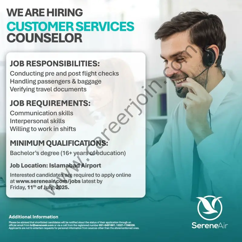 Serene Air Pakistan Jobs Customer Services Counselor 1