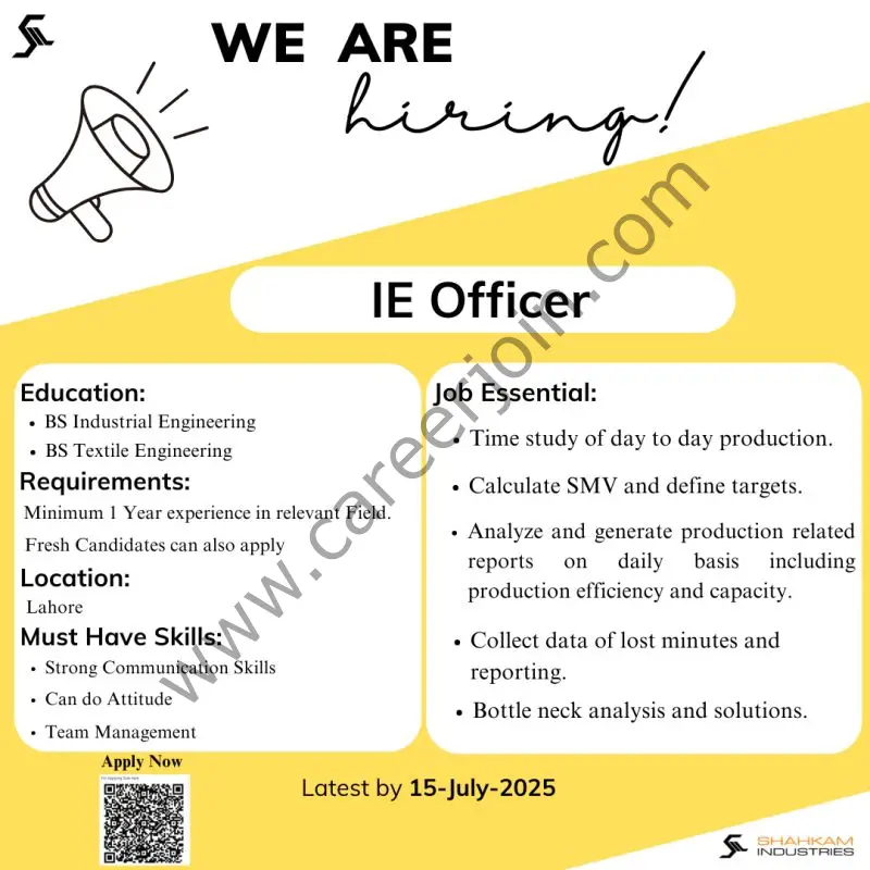 Shahkam Industries Limited Jobs IE Officer 1