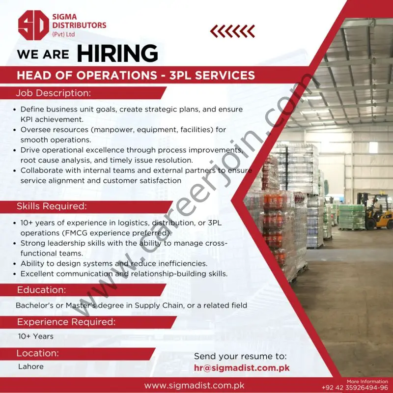 Sigma Distributors Pvt Ltd Jobs Head of Operations 3PL Services 1