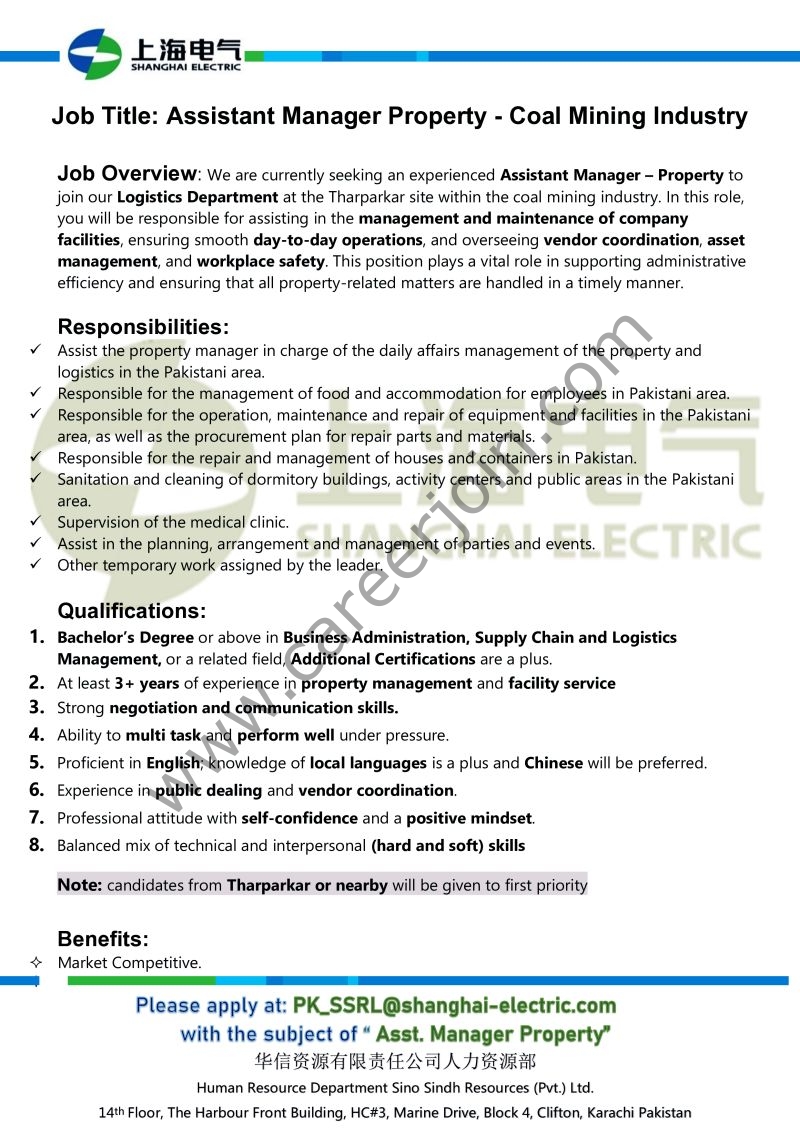 Sino Sindh Resources Pvt Ltd Jobs Assistant Manager Property Coal Mining Industry 1